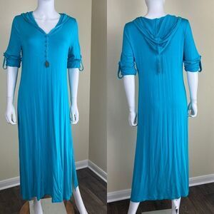 Soft Surroundings Women's Size S Petite Blue Hamsa Caftan Maxi Hood Jersey Dress